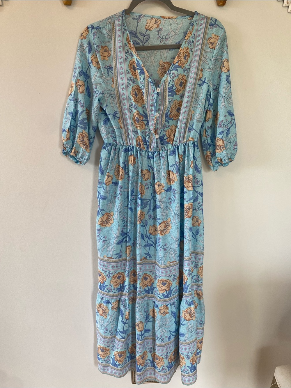 Light Blue Floral Boho Cottagecore Maxi Dress with Button Front